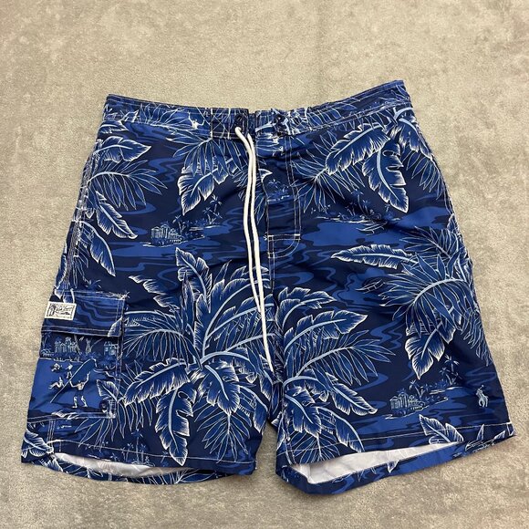 Polo Ralph Lauren Swim Trunks Mens XL Blue White Palm Tree Hawaiian Tropical - Picture 1 of 14